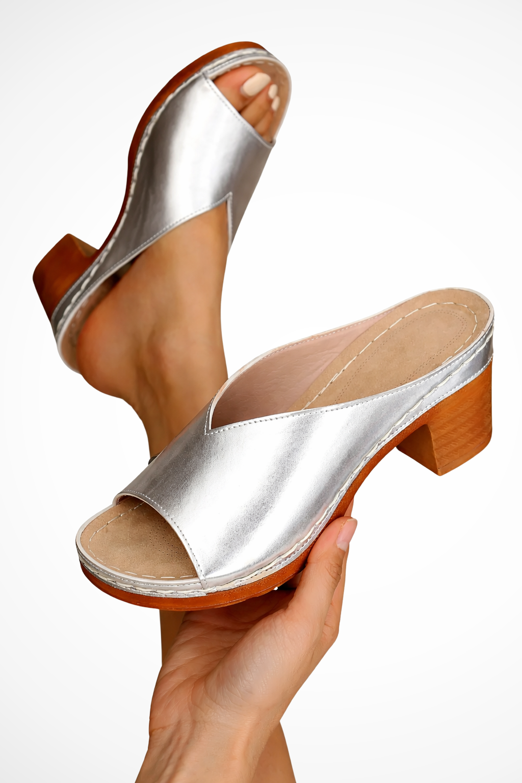 Women's slip-on block heel mules with platform sole, top view