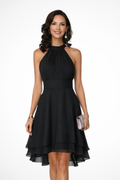 Women's halter neck tiered mini dress with ruffle hem, front view