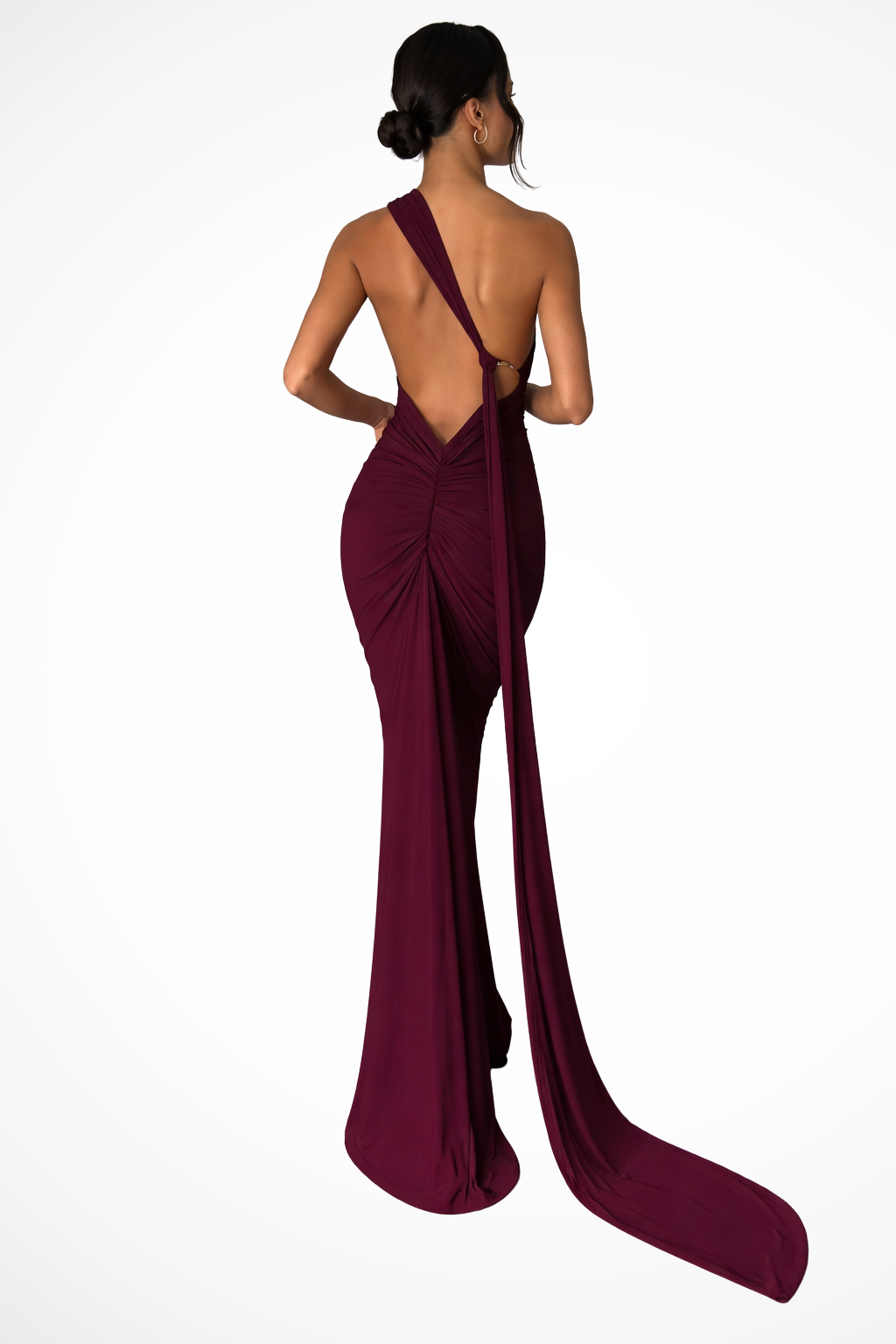 Women's one shoulder floor-length ruched dress styled for evening