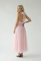 Women's blush pink halter midi dress, back zipper view