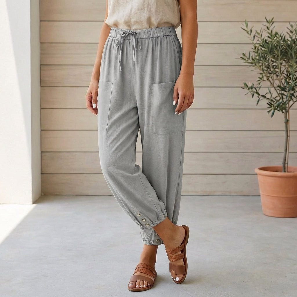 Women's linen cropped pants with gathered ankles, side view