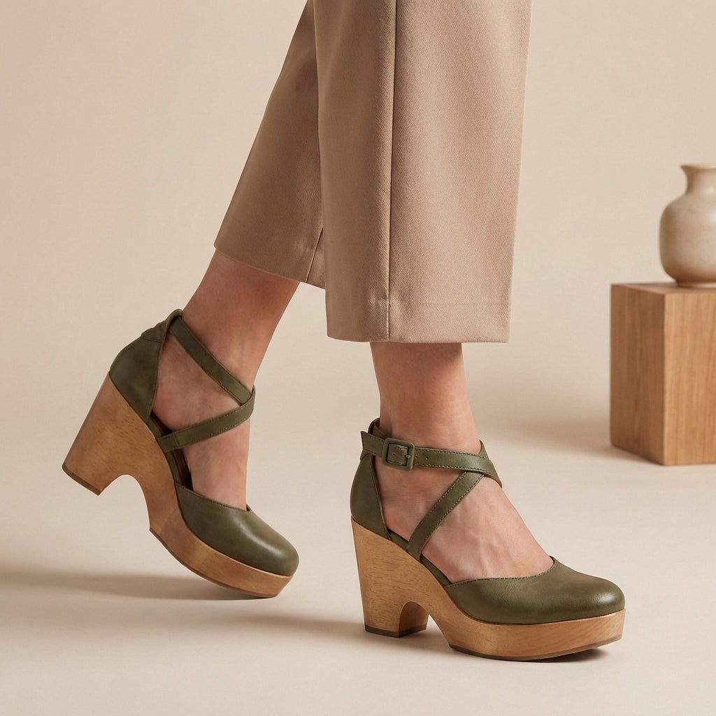 Olive green closed toe wedge shoes for women – wood platform heel