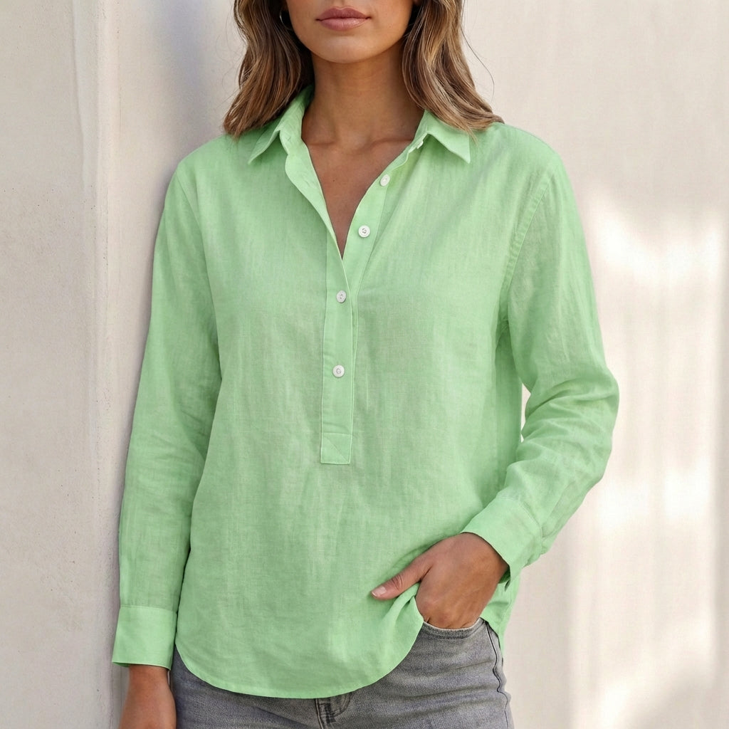 Women's green linen shirt – relaxed fit V-neck blouse