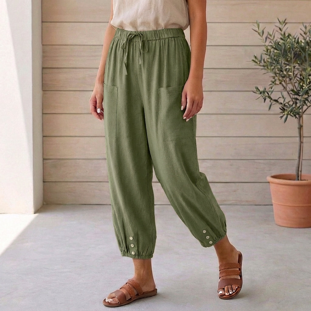 Women's linen cropped pants, lifestyle shot