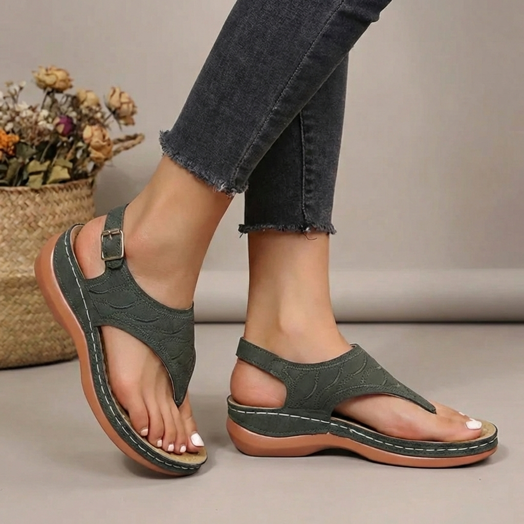 Women's orthopaedic thong sandals in green – arch support side view