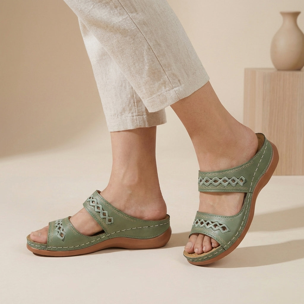 Double strap orthopaedic sandals in sage green – women's laser-cut comfort