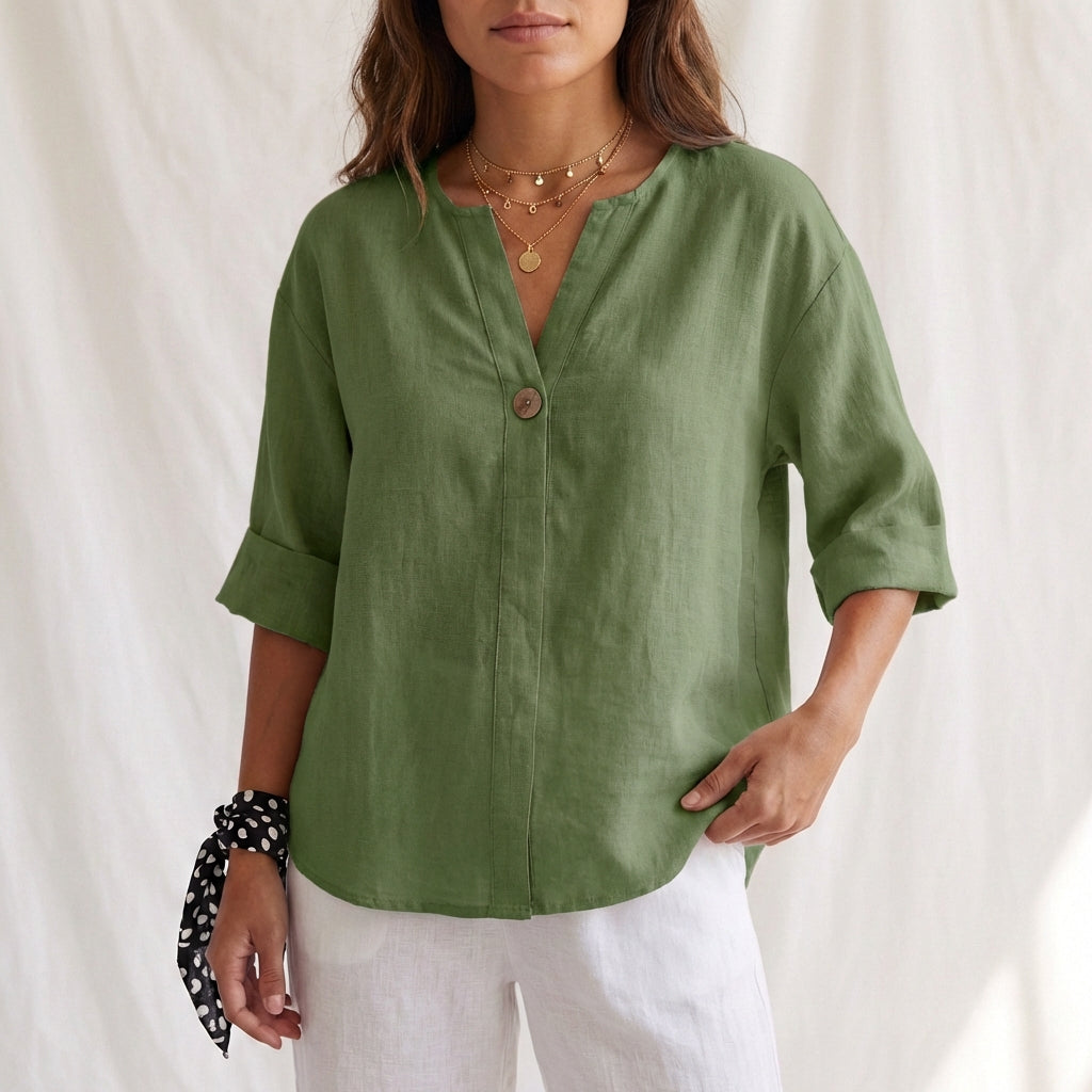 Cotton Linen V-Neck Blouse with Button Front and Cuffed Sleeves