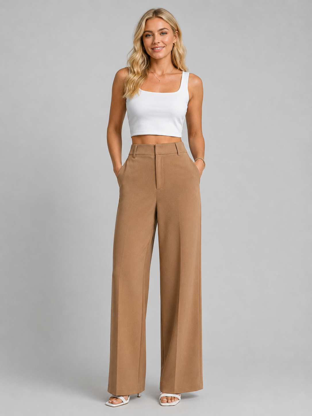 High-Waist Wide-Leg Work Trousers with Pleat Front