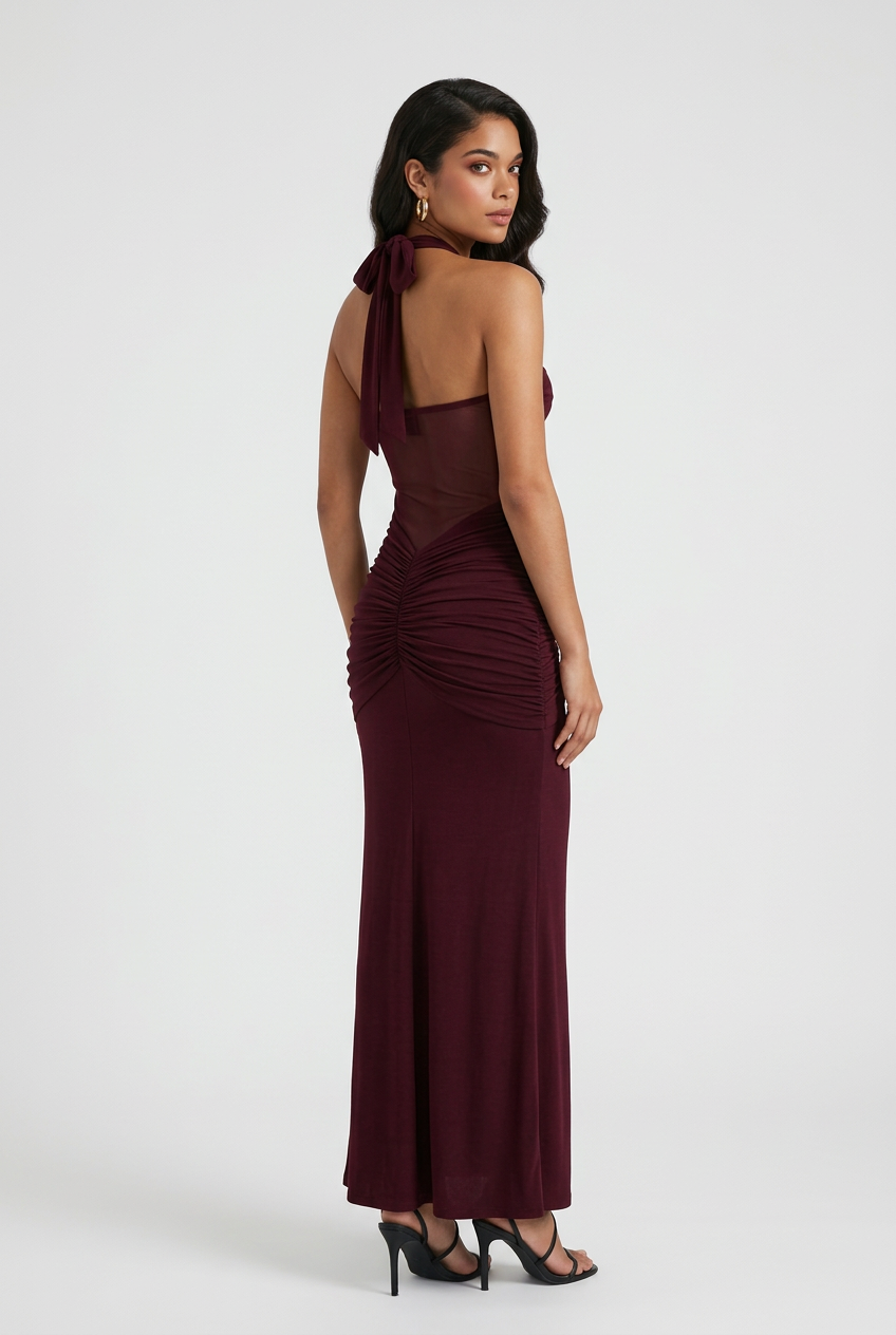 Wine Red Halter Maxi Dress with Contoured Fit