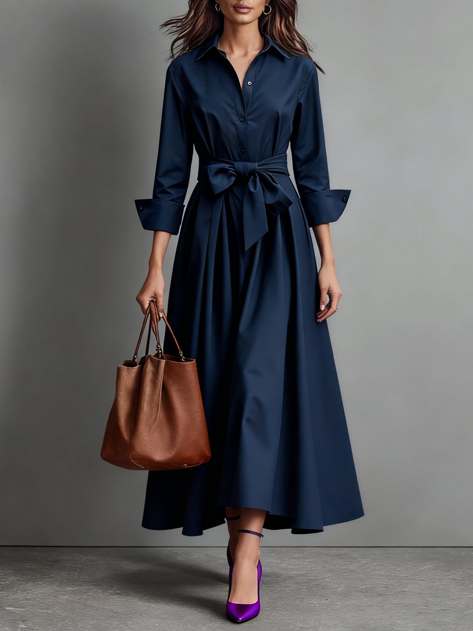 Wedding Guest Shirt Collar Midi Dress — worn on model