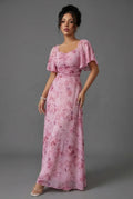 Women's floral maxi wedding guest dress with flutter sleeves and sweetheart neckline, front view