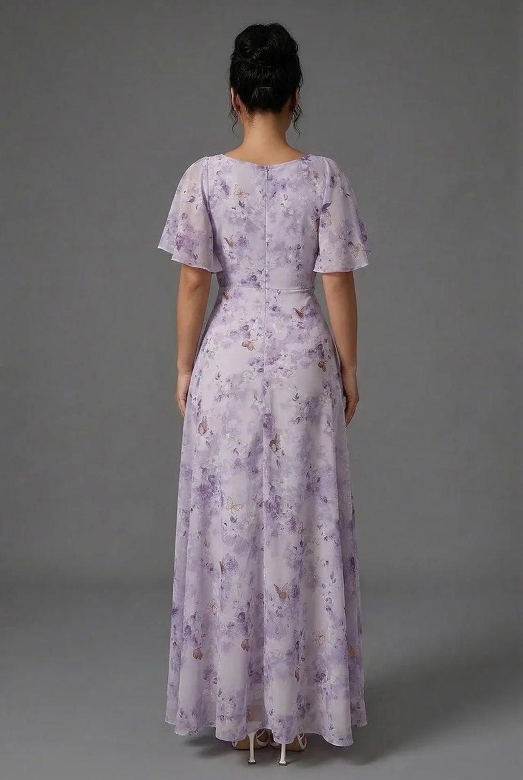 Flutter sleeve floral maxi dress styled for weddings