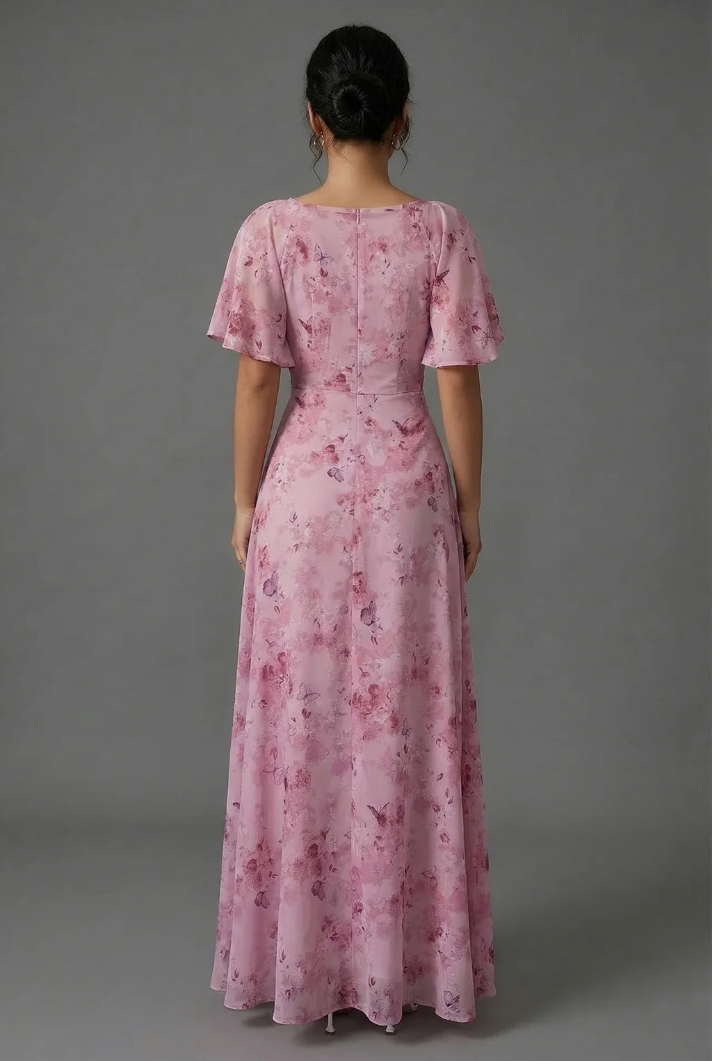 Watercolour floral print chiffon skirt on wedding guest maxi dress