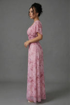 Floral maxi dress with ruched bodice and cinched waist, side view