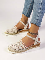 Women's boho espadrille wedge sandals on model, full length lifestyle view
