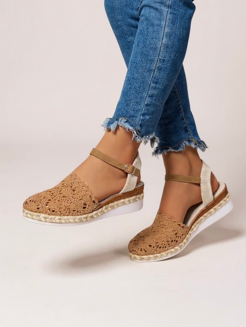 Women's espadrille wedge sandals with ankle strap, back view