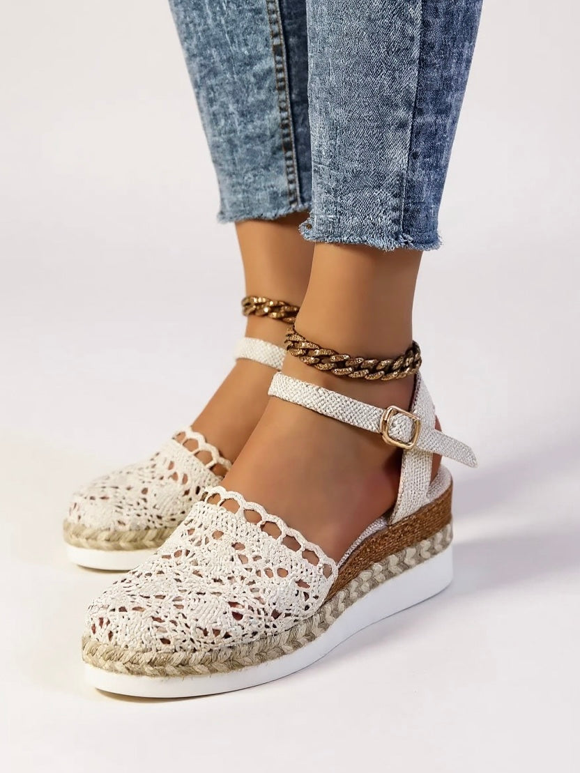 Women's summer holiday wedge espadrille sandals styled with dress