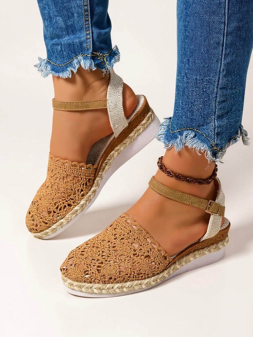 Women's boho wedge ankle strap sandals, top-down view showing strap detail