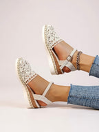 Women's wedge espadrille ankle strap sandals, side profile view