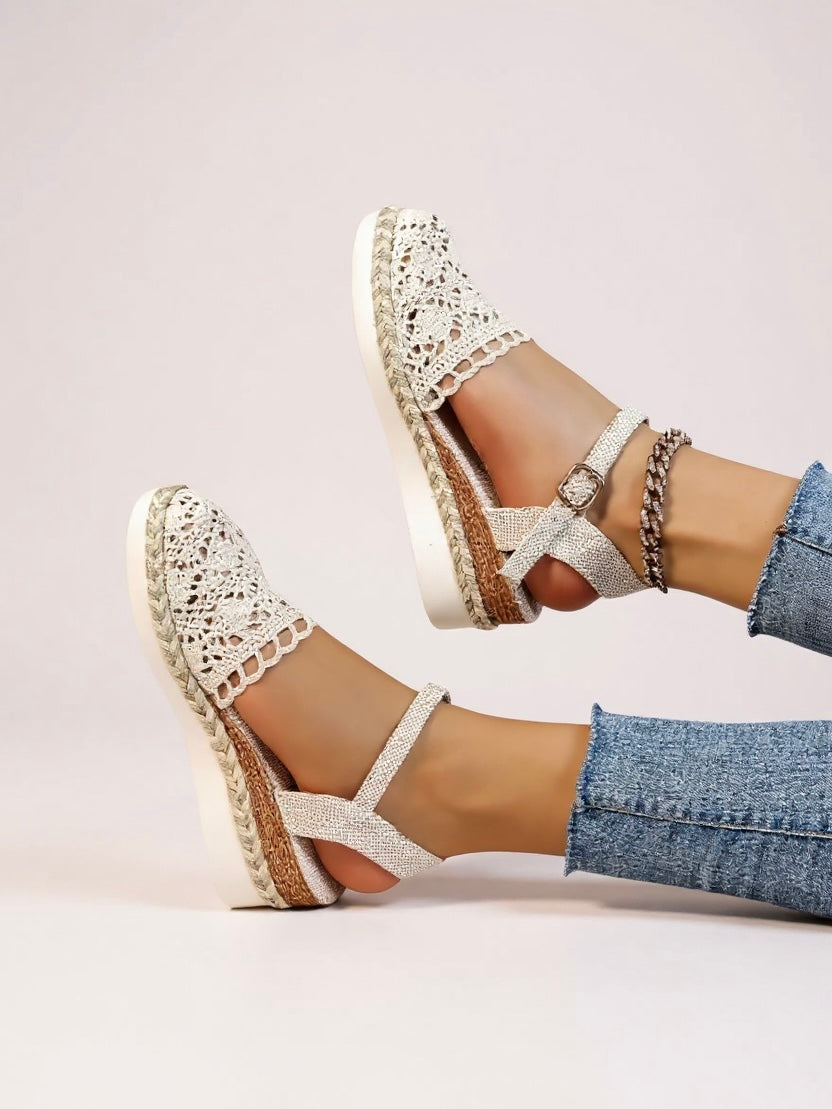 Women's wedge espadrille ankle strap sandals, side profile view