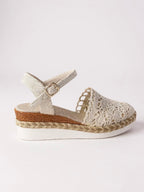 Women's boho summer wedge sandals with ankle strap, three-quarter view