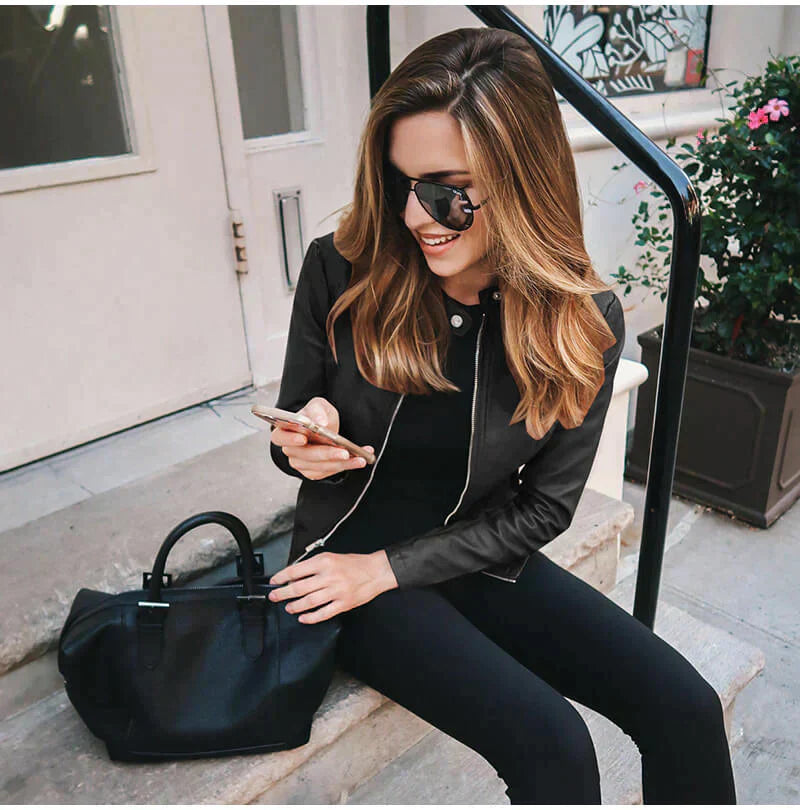 Women's Italian Leather Biker Jacket — worn on model