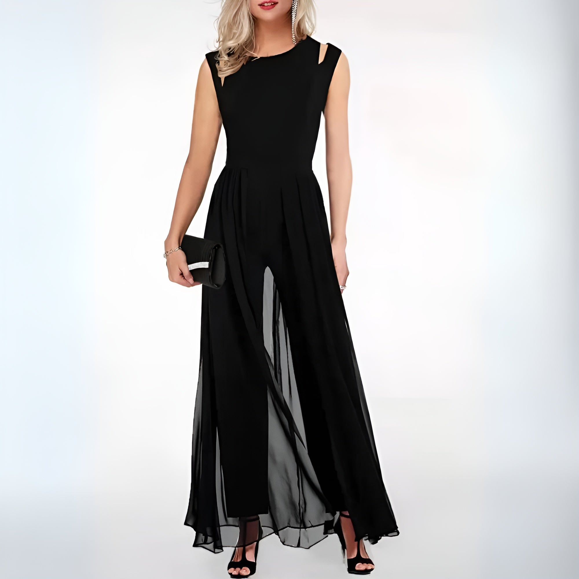 Women's Sheer Overlay Sleeveless Wide-Leg Jumpsuit front view - Elegant Wedding Guest Jumpsuit