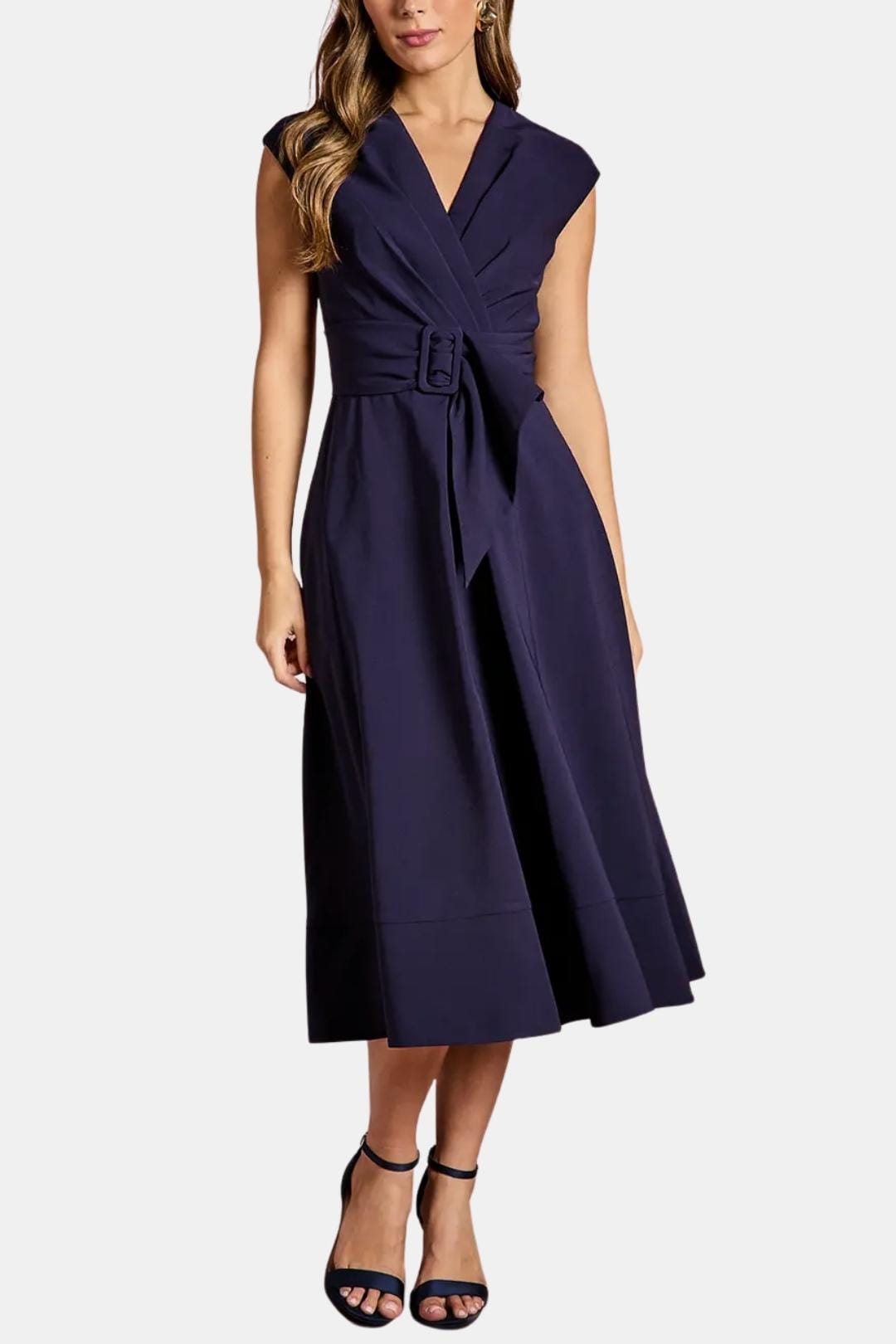 Jacie belted V-neck crepe midi dress front view navy occasion