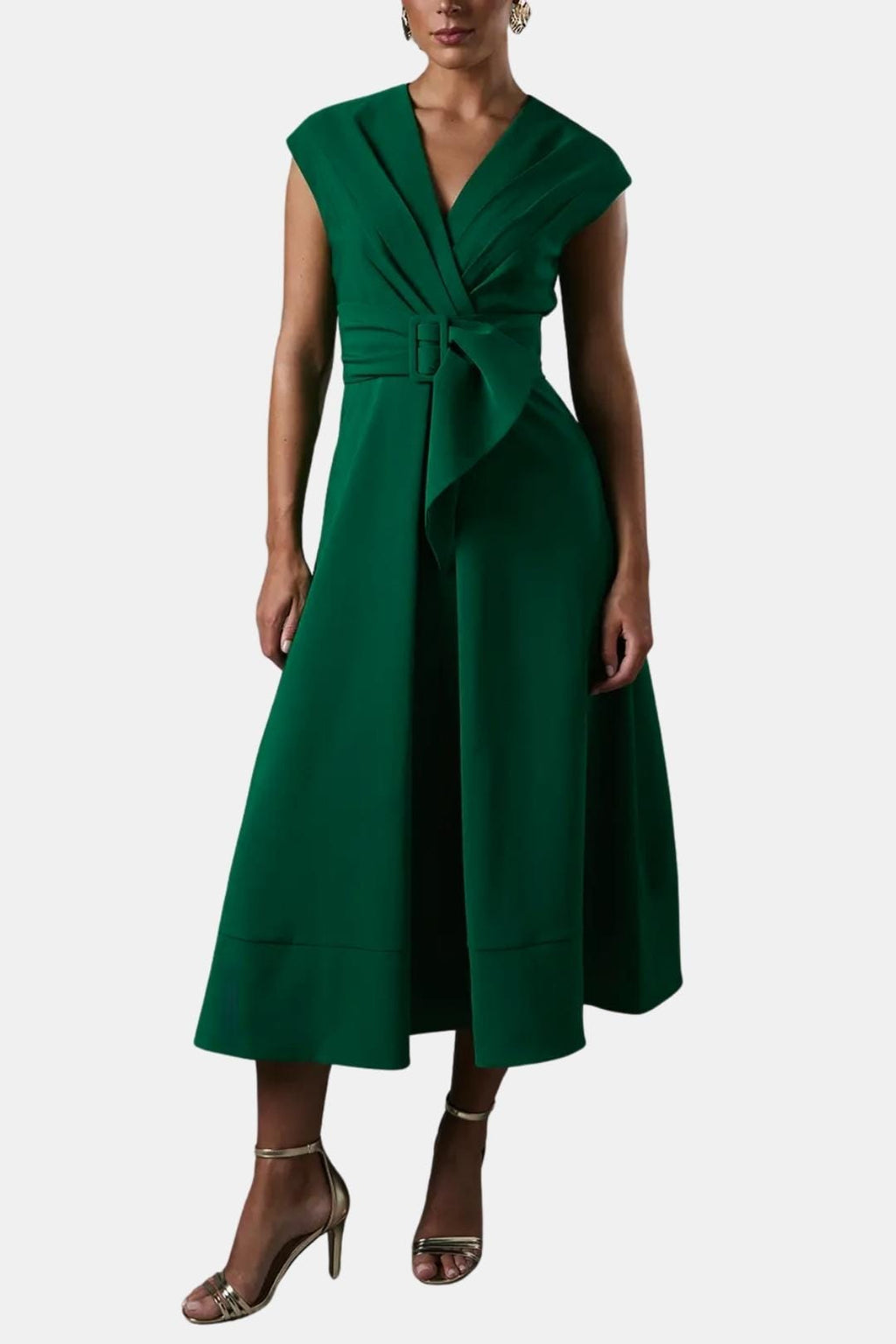 Jacie Belted V-Neck Crepe Midi Dress – Occasion Style