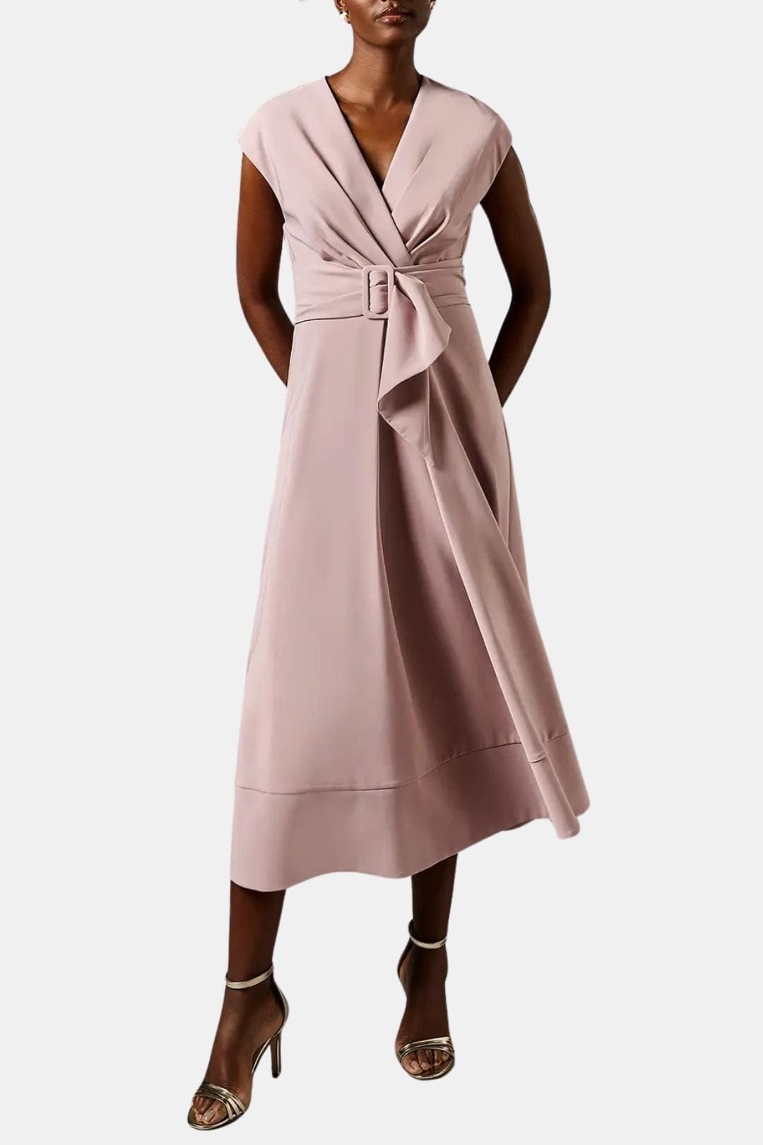 Jacie Belted V-Neck Crepe Midi Dress – Occasion Style