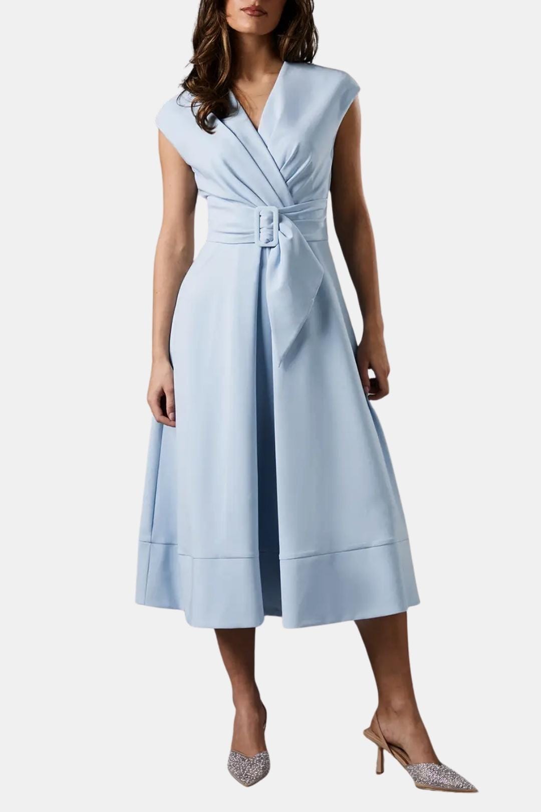 Jacie Belted V-Neck Crepe Midi Dress – Occasion Style