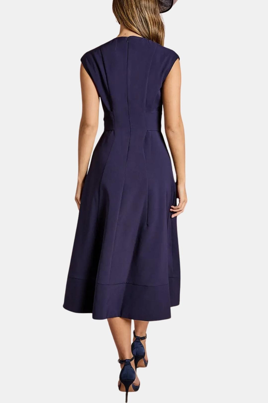 Crepe midi dress back view full length belted