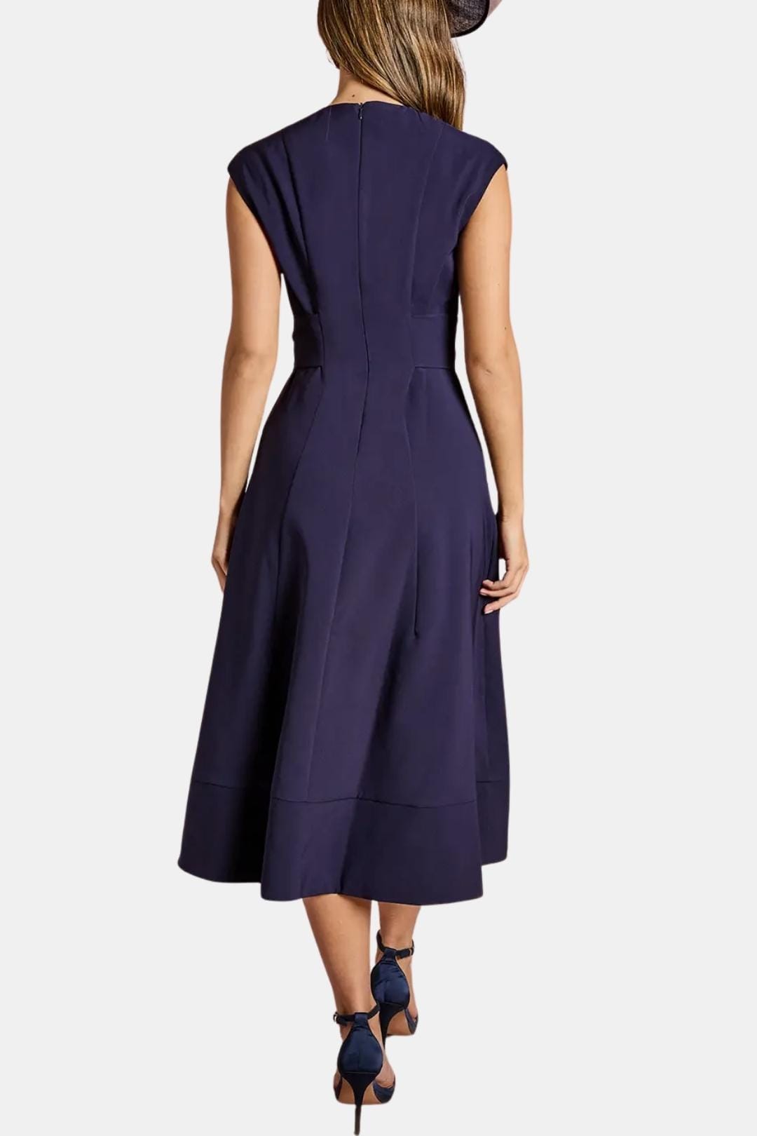 Crepe midi dress back view full length belted