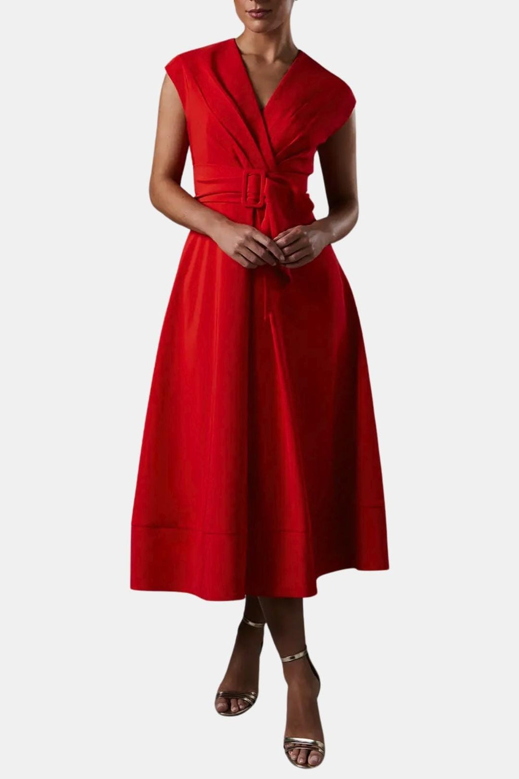 Jacie Belted V-Neck Crepe Midi Dress – Occasion Style