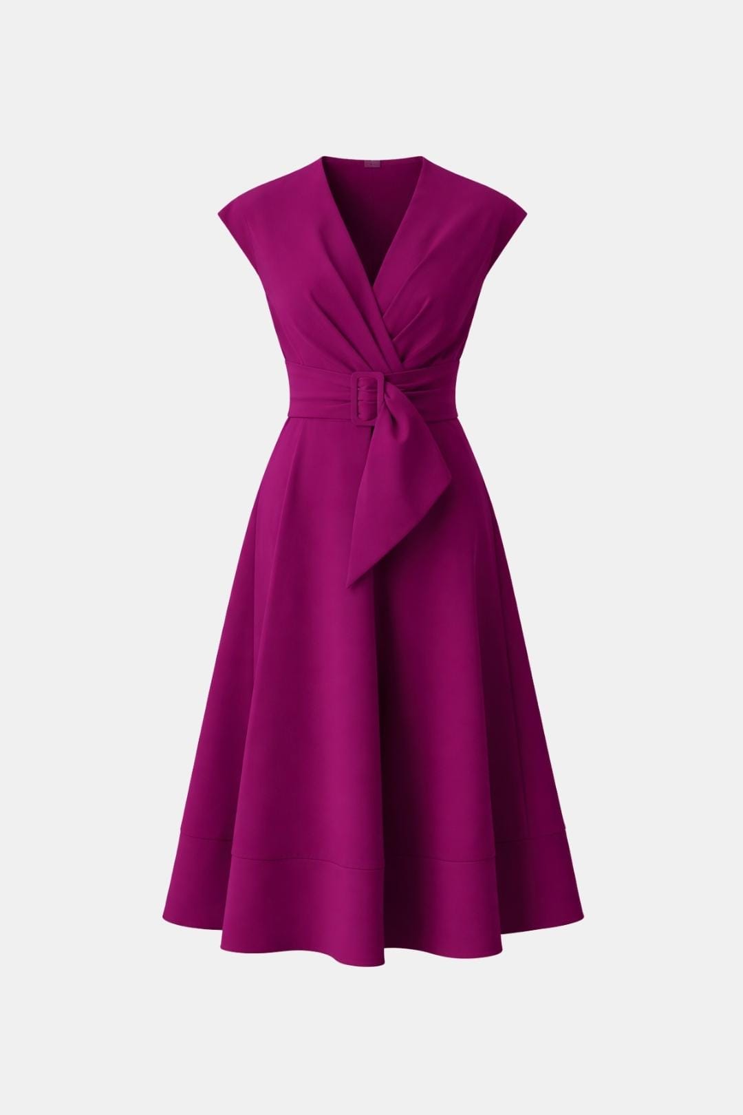 Belted V-neck dress front view styled evening outfit