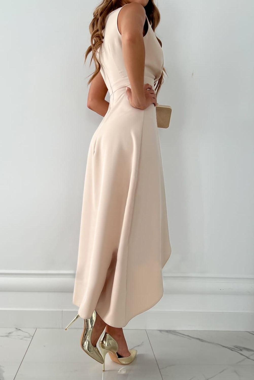 Wedding guest satin midi dress with asymmetric hem, full-length view