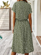 Women's Light Print Flowing Midi Dress back view - Casual Summer Wedding Guest Midi Dress