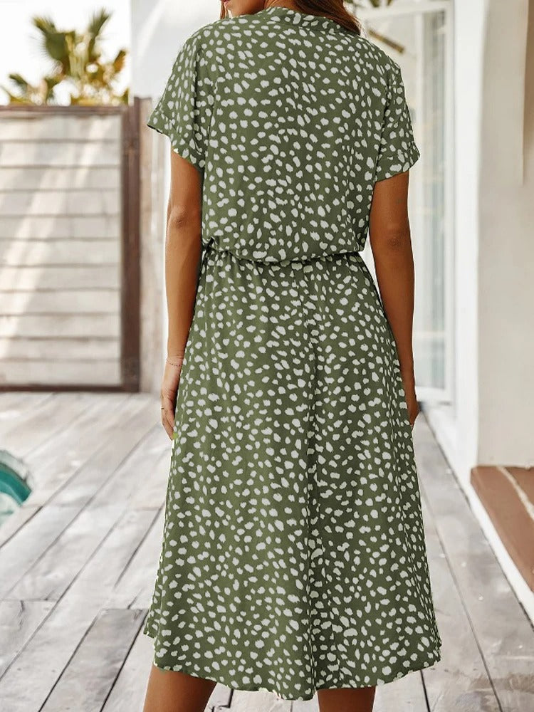 Women's Light Print Flowing Midi Dress back view - Casual Summer Wedding Guest Midi Dress