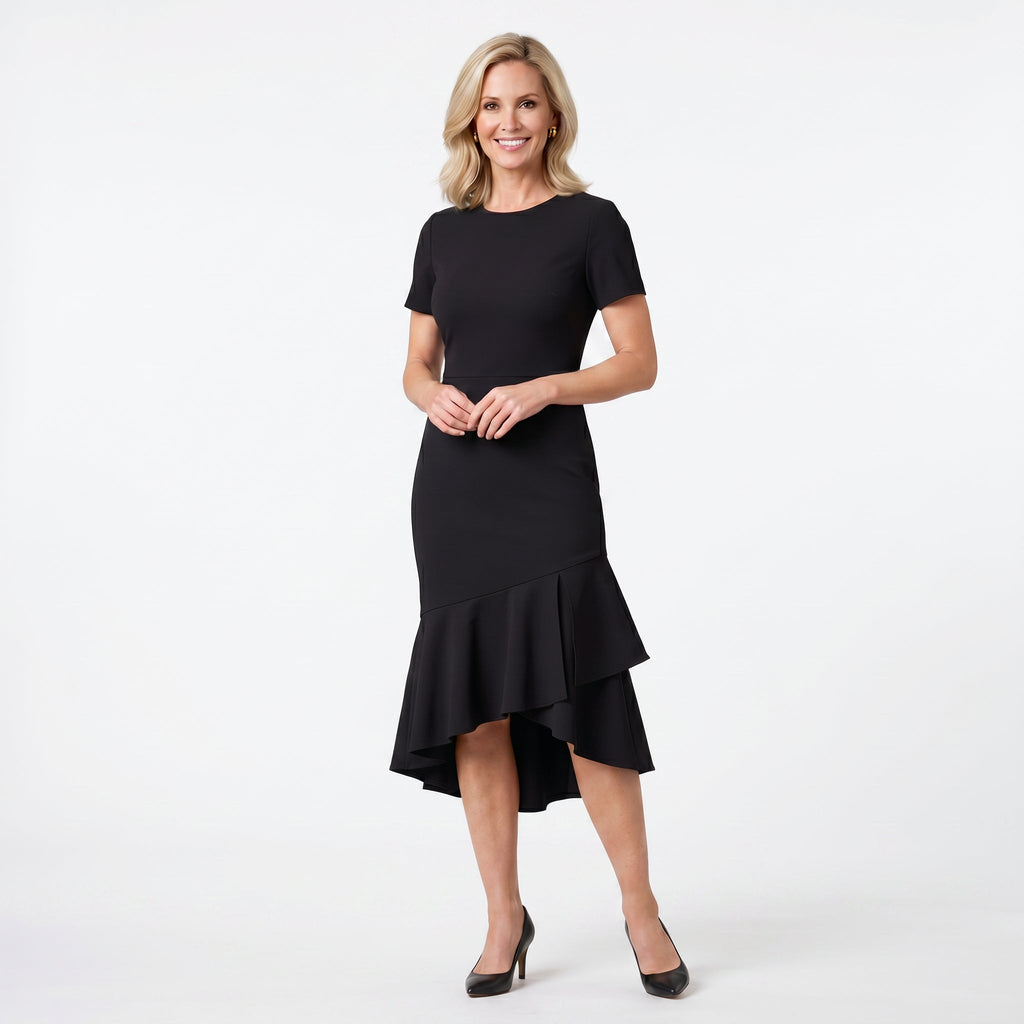 Women's elegant high neck midi dress with ruffle hem, front view