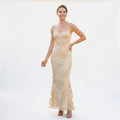 Floral jacquard corset maxi dress in yellow, front view