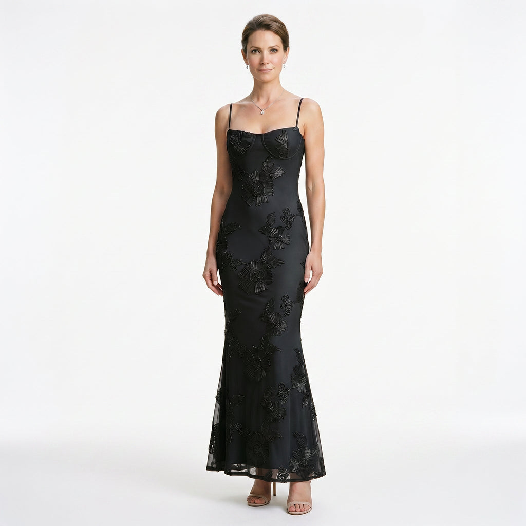 Floral jacquard corset maxi dress in black, front view