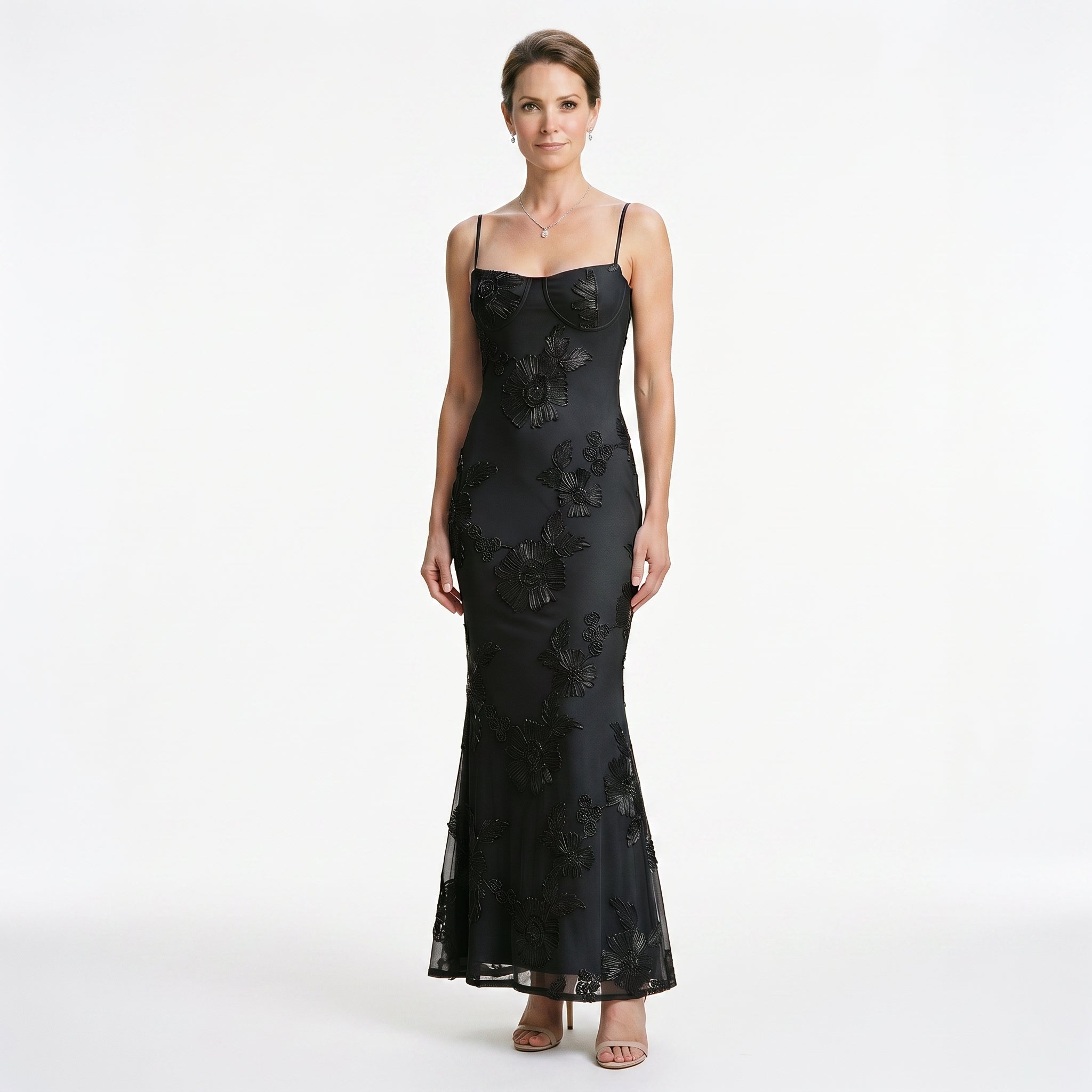 Floral jacquard corset maxi dress in black, front view