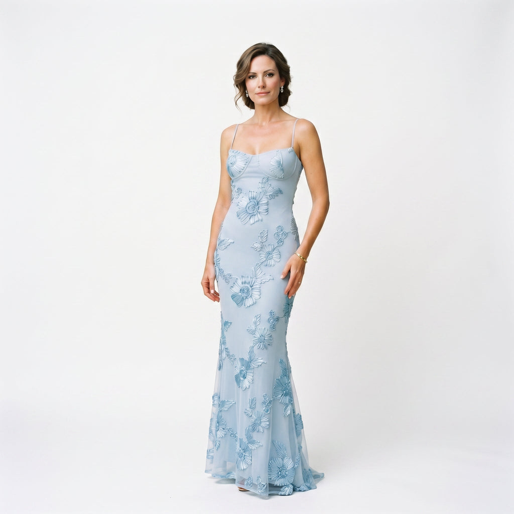 Floral jacquard corset maxi dress in light blue, front view