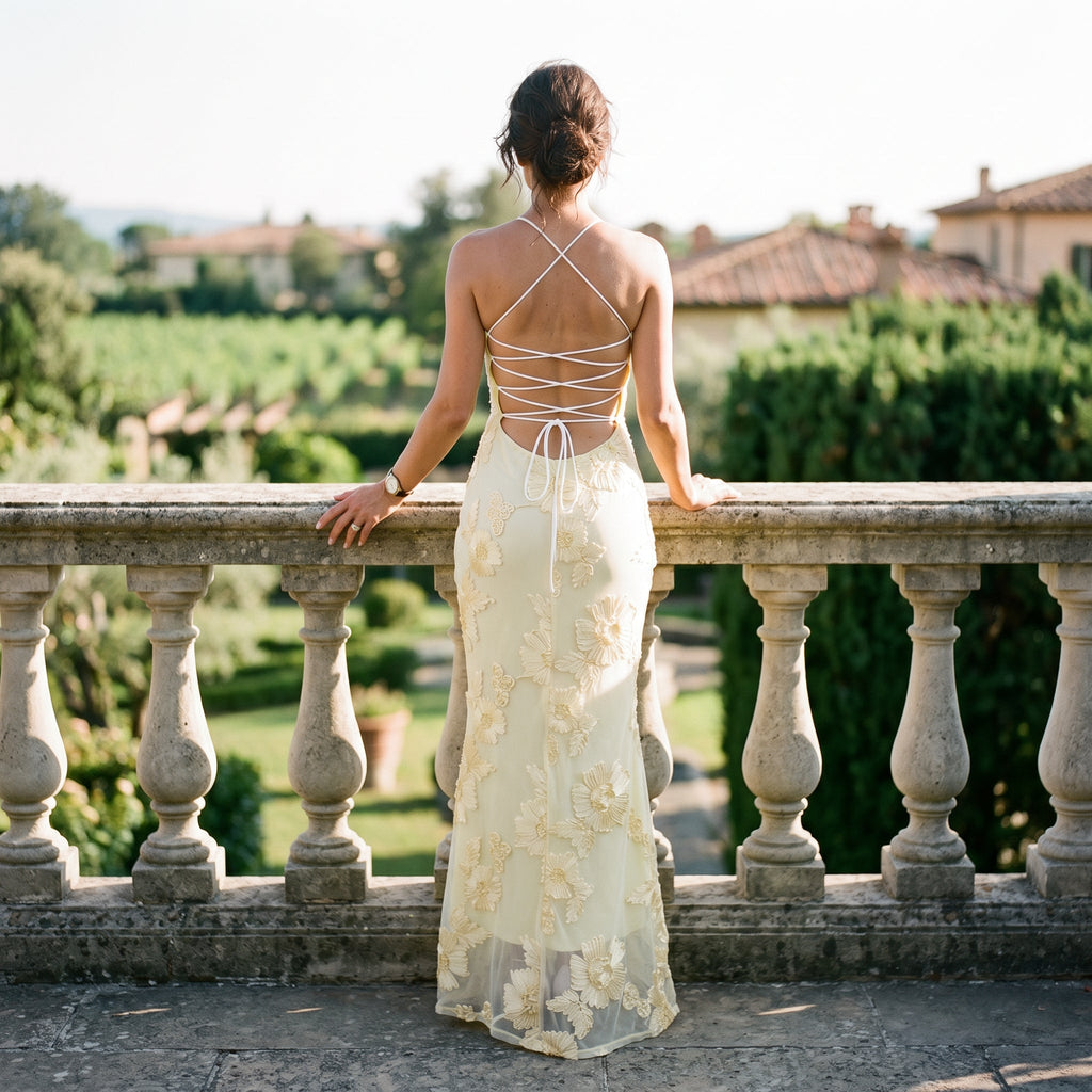 Floral jacquard corset maxi dress in light blue, back view