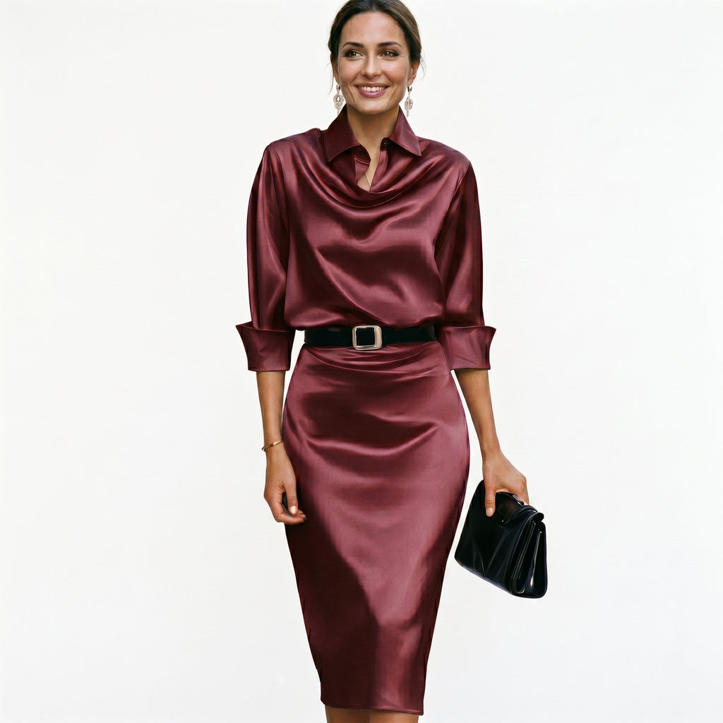 Satin draped neck midi dress in burgundy – women's belted three-quarter sleeve