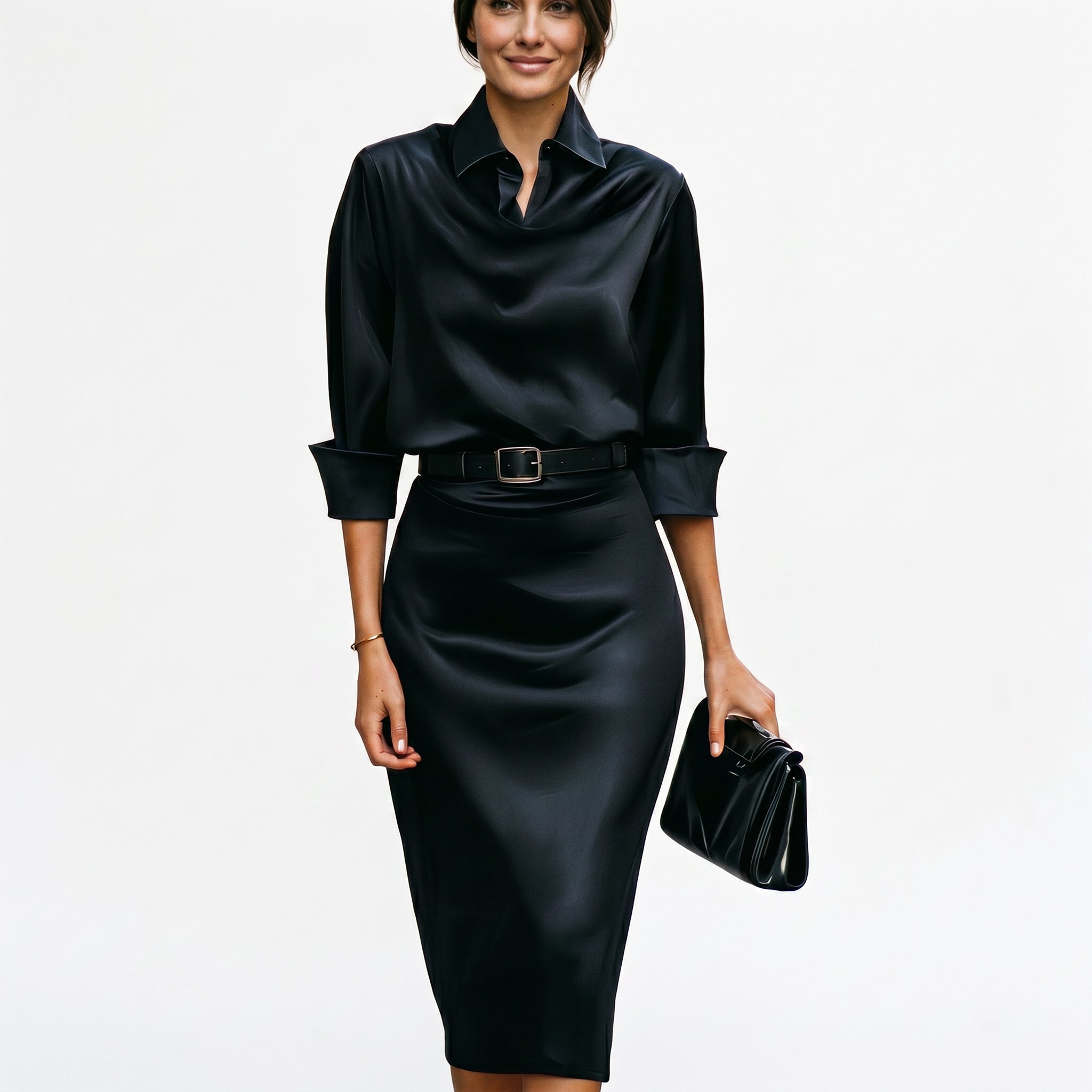 Satin draped neck midi dress in black – women's belted wedding guest style
