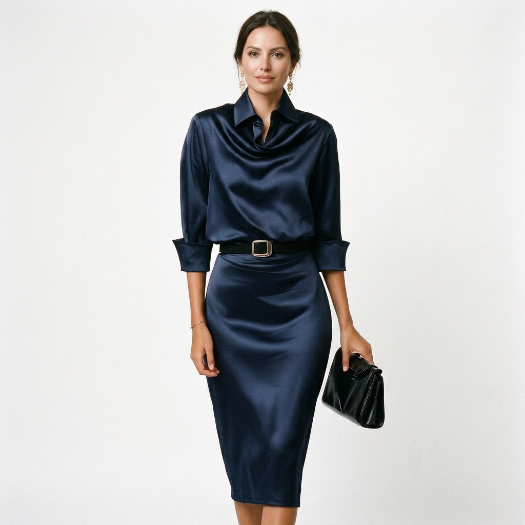 Women's satin draped neck midi dress, champagne colour side view