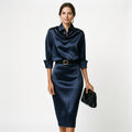 Women's satin draped neck midi dress, champagne colour side view