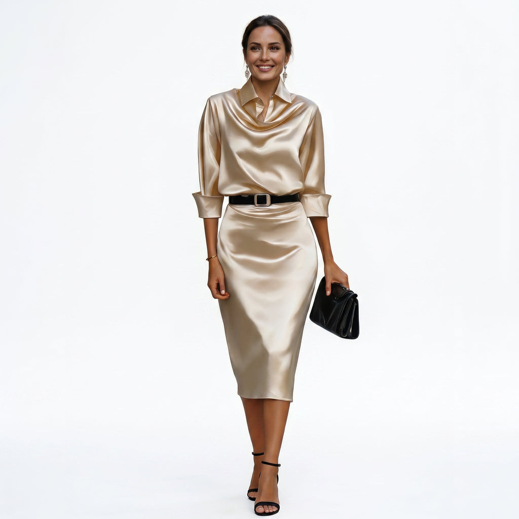 Women's satin midi dress in champagne – draped neck three-quarter sleeve occasion