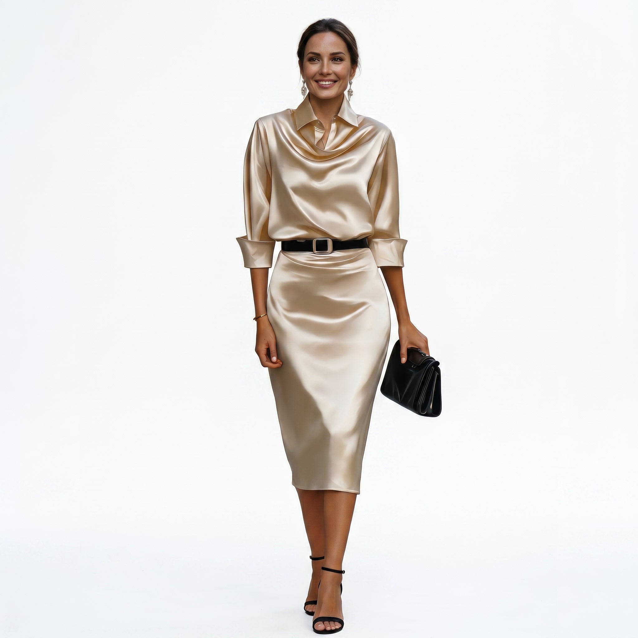 Women's satin midi dress in champagne – draped neck three-quarter sleeve occasion
